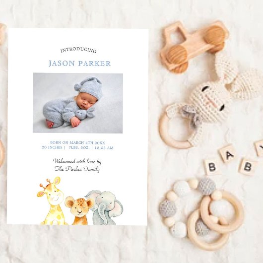 かわいい水彩動物男の赤ちゃん写真誕生 案内状
