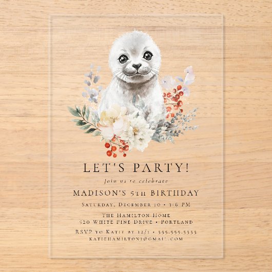 かわいい水彩北極シール冬の誕生日パーティー アクリル招待状 (正面)