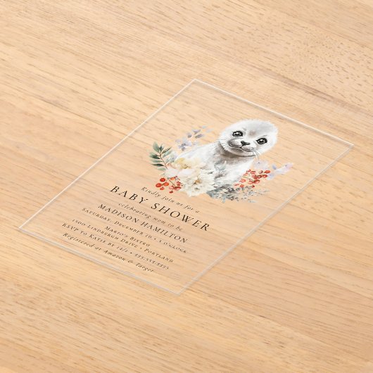 かわいい水彩北極シール冬の赤ちゃんシャワー アクリル招待状 (レイダウン)