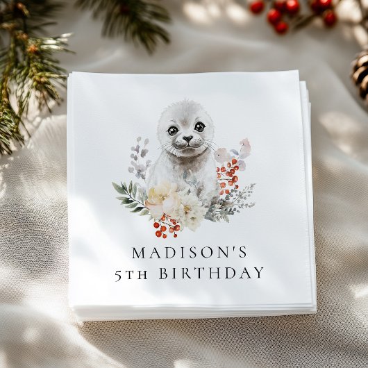 かわいい水彩北極シール誕生日パーティー スタンダードカクテルナプキン