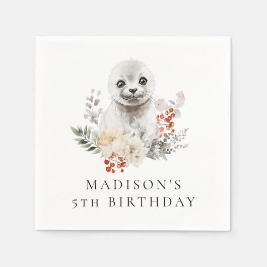 かわいい水彩北極シール誕生日パーティー スタンダードカクテルナプキン (正面)