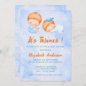 かわいい水彩双子のブルーベビーシャワー 招待状 (正面/裏面)