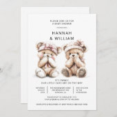 かわいい水彩双生児テディベア赤ちゃんシャワー 招待状 (正面/裏面)