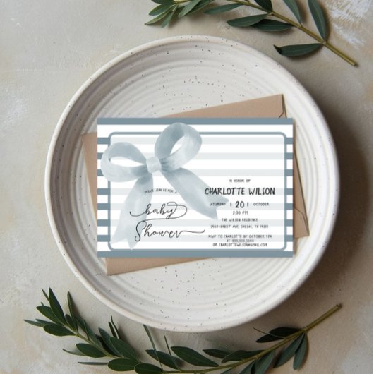 かわいい水彩埃っぽいブルーボウ赤ちゃんシャワー 招待状