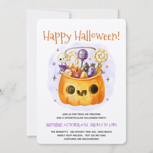 かわいい水彩大人ミニマルハローウィンパーティ 招待状 (正面)