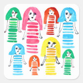 かわいい水彩女の子のファンキーアーモダント スクエアシール (正面)