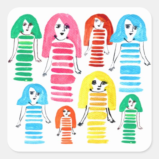 かわいい水彩女の子のファンキーアーモダント スクエアシール (正面)