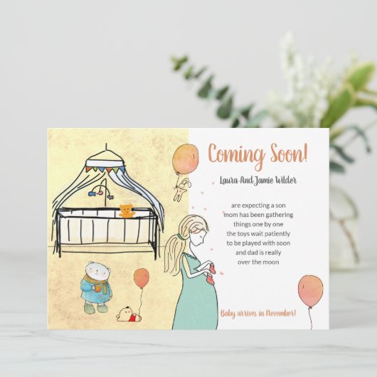 かわいい水彩妊娠男の赤ちゃん 案内状 (スタンド正面)