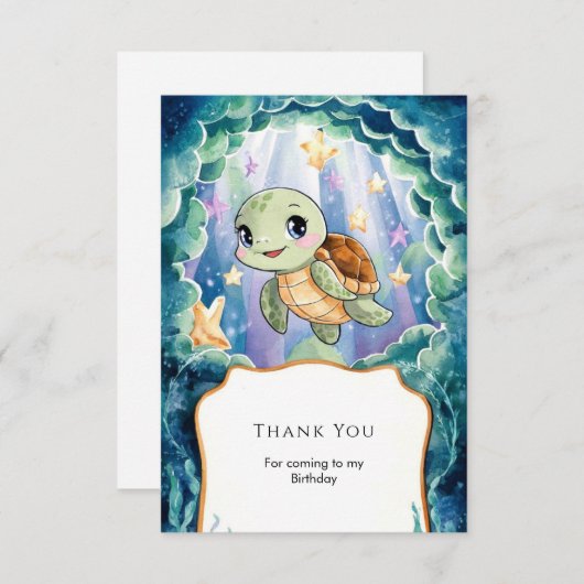 かわいい水彩子どもウミガメ誕生日 サンキューカード (正面/裏面)