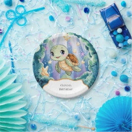 かわいい水彩子どもウミガメ誕生日 ペーパープレート
