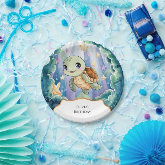 かわいい水彩子どもウミガメ誕生日 ペーパープレート (パーティー)