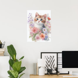 かわいい水彩子猫とフローラ ポスター