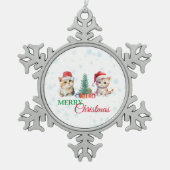 かわいい水彩子猫サンタ・クリスマスパーティーC スノーフレークピューターオーナメント (正面)