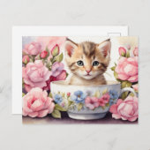 かわいい水彩子猫inフローラティーカップ ポストカード (正面/裏面)
