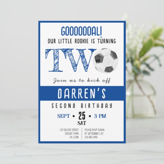 かわいい水彩小さなルーキーサッカー第2誕生日 招待状 (スタンド正面)