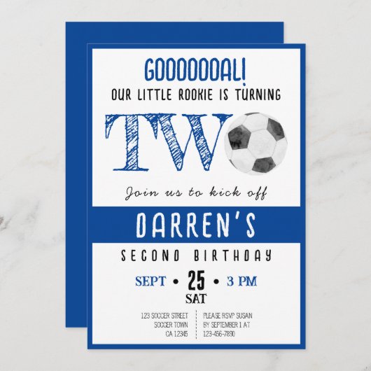かわいい水彩小さなルーキーサッカー第2誕生日 招待状 (正面/裏面)