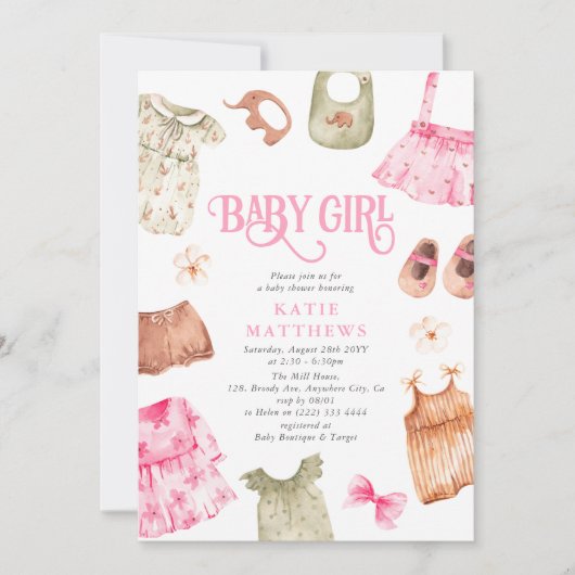 かわいい水彩少女の服ガールベイビーシャワー 招待状 (正面)