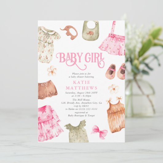 かわいい水彩少女の服ガールベイビーシャワー 招待状 (スタンド正面)