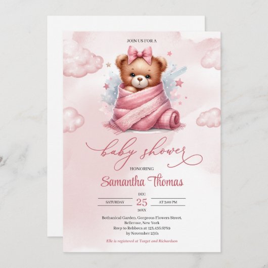 かわいい水彩少女テディベアのおむつ付き弓 招待状 (正面/裏面)