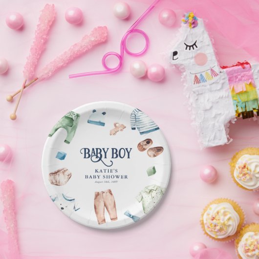 かわいい水彩少年服BOY赤ちゃんシャワー ペーパープレート (パーティー)