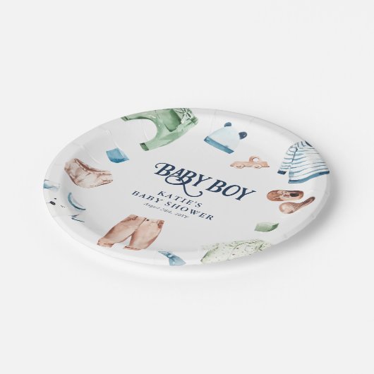 かわいい水彩少年服BOY赤ちゃんシャワー ペーパープレート (アングル)