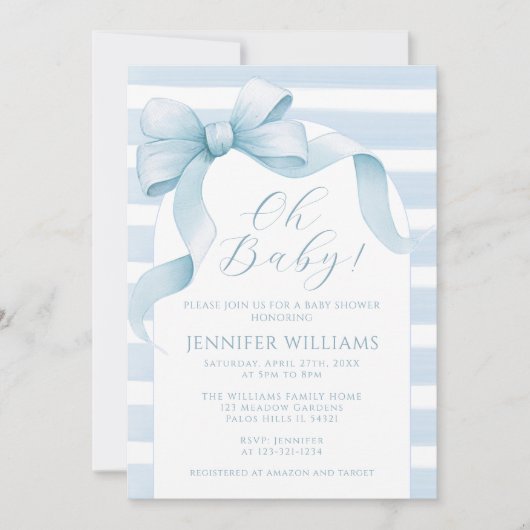 かわいい水彩弓ストライプのリボン男の赤ちゃんシャワー 招待状 (正面)