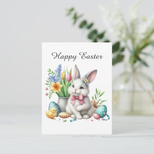 かわいい水彩復活祭のバニーの花メッセージを追加 シーズンポストカード (スタンド正面)