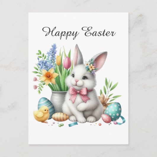 かわいい水彩復活祭のバニーの花メッセージを追加 シーズンポストカード (正面)