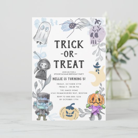 かわいい水彩怪獣ハロウィーン誕生パーティー 招待状 (スタンド正面)