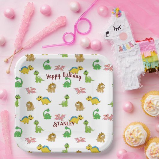 かわいい水彩恐竜の動物模様誕生日 ペーパープレート (パーティー)