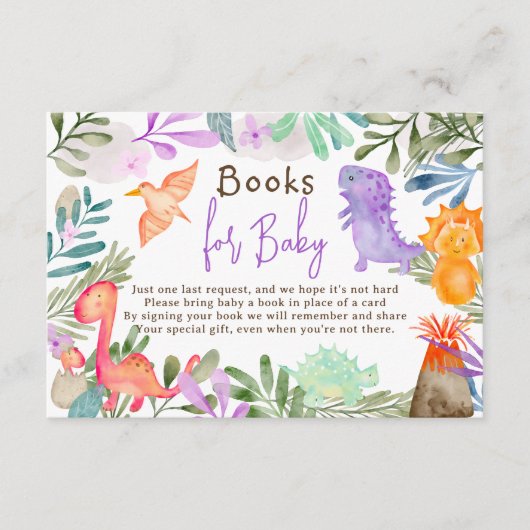 かわいい水彩恐竜の本の赤ちゃんシャワー エンクロージャーカード (正面)