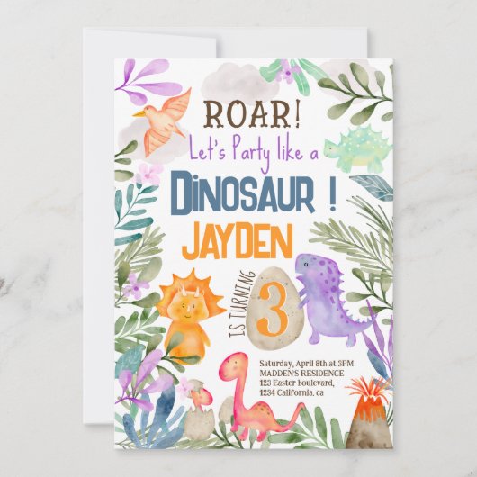 かわいい水彩恐竜の緑の子供の誕生日 招待状 (正面)