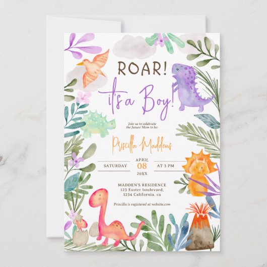 かわいい水彩恐竜の緑の少年の赤ちゃんシャワー 招待状 (正面)