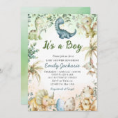 かわいい水彩恐竜の緑の少年の赤ちゃんシャワー 招待状 (正面/裏面)