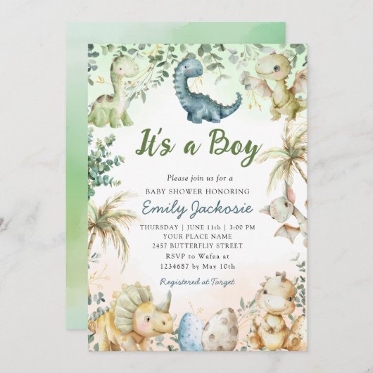 かわいい水彩恐竜の緑の少年の赤ちゃんシャワー 招待状 (正面/裏面)