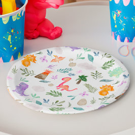 かわいい水彩恐竜の緑の赤ちゃんシャワー ペーパープレート