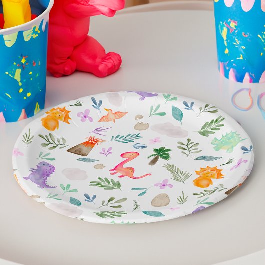 かわいい水彩恐竜の緑の赤ちゃんシャワー ペーパープレート