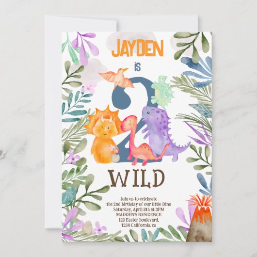 かわいい水彩恐竜の緑2野生の誕生日 招待状 (正面)