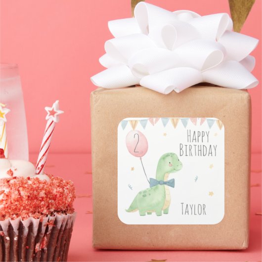 かわいい水彩恐竜の誕生日おめでとうボーイ オーダーメイド スクエアシール (パーティー)