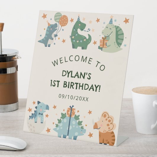 かわいい水彩恐竜の誕生日パーティーへようこそ 台座サイン (インサイチュ)