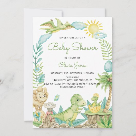 かわいい水彩恐竜の赤ちゃんシャワー 招待状 (正面)