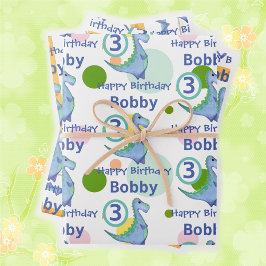 かわいい水彩恐竜ボーイズリトル誕生日3 ラッピングペーパーシート