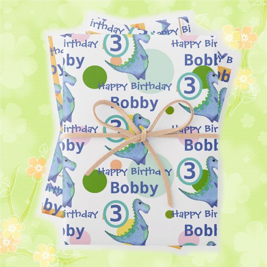 かわいい水彩恐竜ボーイズリトル誕生日3 ラッピングペーパーシート