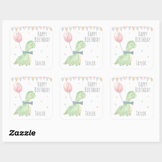 かわいい水彩恐竜誕生日少年パーソナライズされた スクエアシール (シート)