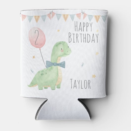 かわいい水彩恐竜誕生日少年パーソナライズされた 缶クーラー (正面)