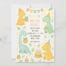 かわいい水彩恐竜3rd誕生日招待状 招待状