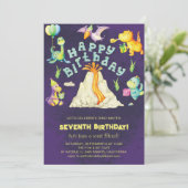 かわいい水彩恐竜 恐竜と火山の誕生日 招待状 (スタンド正面)