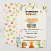 かわいい水彩恐竜 1歳の誕生日パーティー招待状 招待状 (正面/裏面)