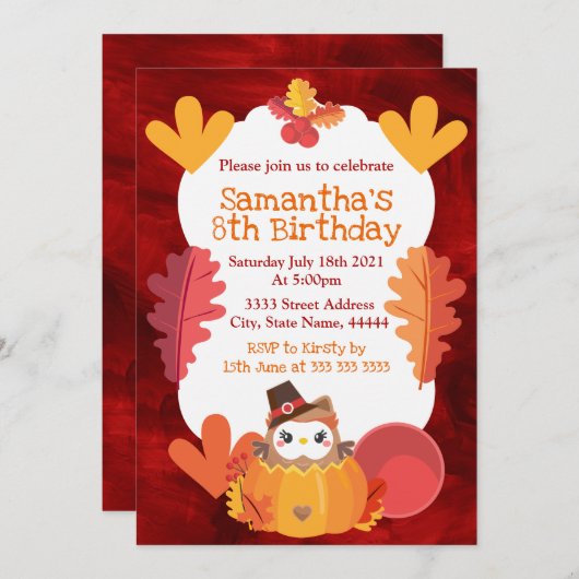 かわいい水彩感謝祭フクロウ誕生日 招待状 (正面/裏面)
