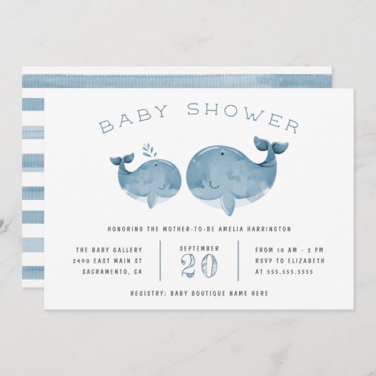 かわいい水彩捕鯨少年の青い赤ちゃんシャワー 招待状 (正面/裏面)